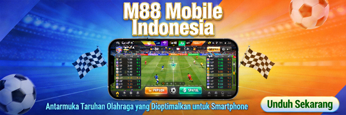 Banner promosi M88 mobile Indonesia menampilkan antarmuka taruhan olahraga yang dioptimalkan untuk smartphone