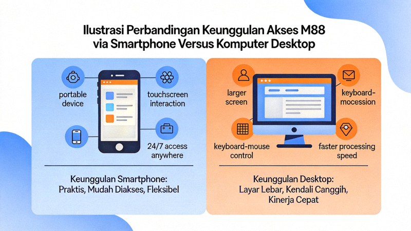 Ilustrasi perbandingan keunggulan akses M88 via smartphone versus komputer desktop