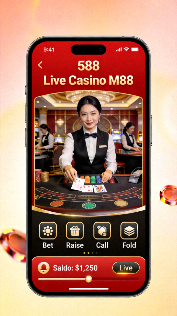 Tampilan live casino M88 di smartphone dengan video dealer langsung dan kontrol taruhan